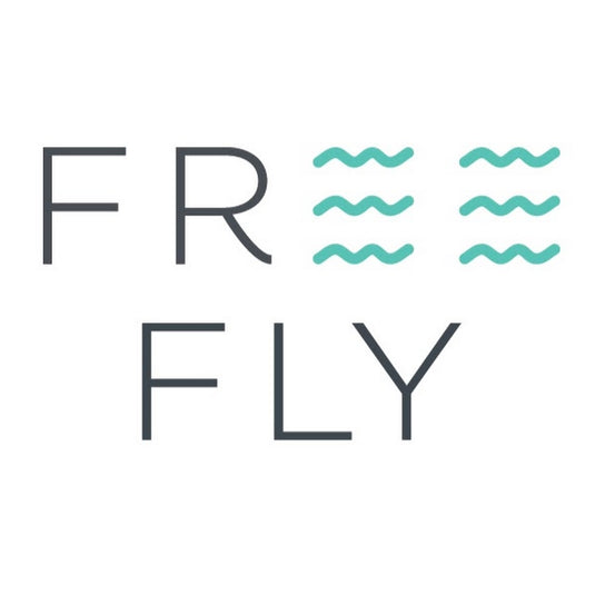 Free Fly logo blue waves white background