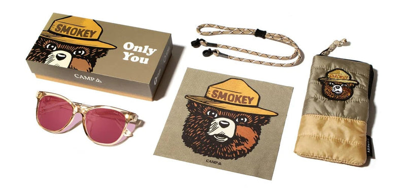 Load image into Gallery viewer, Basic Polarized Rose CAMP Eyewear Cove - Smokey Bear Edition - Desert | Walnut CAMP Eyewear
