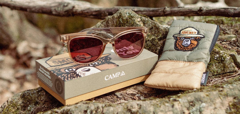 Load image into Gallery viewer, Basic Polarized Rose CAMP Eyewear Cove - Smokey Bear Edition - Desert | Walnut CAMP Eyewear
