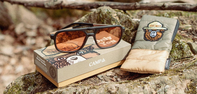 Load image into Gallery viewer, Basic Polarized Amber CAMP Eyewear Glacier - Smokey Bear Edition - Matte Black | Walnut CAMP Eyewear
