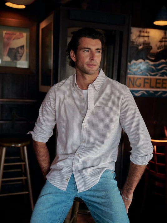 Fair Harbor Men's Salty Oxford Shirt in Oak Stripe Fair Harbor Men's Salty Oxford Shirt in Oak Stripe Fair Harbor