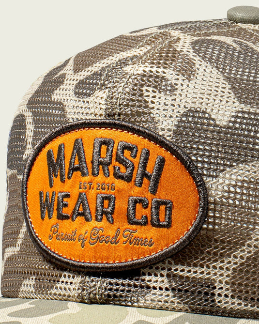 One Size Marsh Wear Outpost Mesh Trucker in Khaki Mallard Camo Marsh Wear Outpost Mesh Trucker Hat | Khaki Mallard Camo Marsh Wear