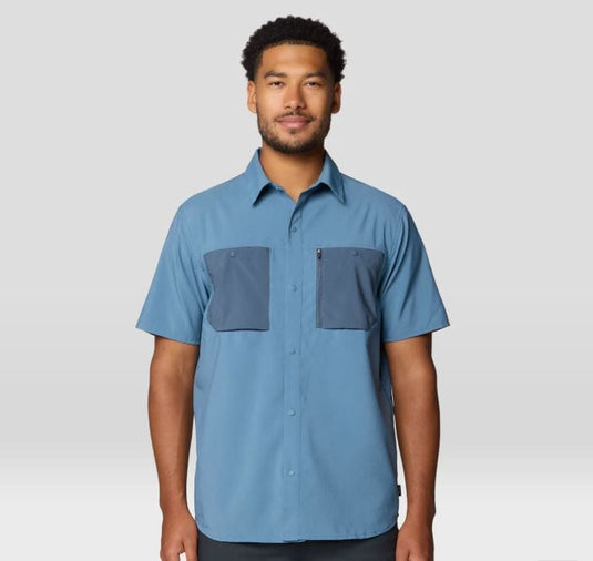 Adriatic Blue / Moon Blue / MED Mountain Hardwear Men's Trail Sender Short Sleeve Shirt in Adriatic Blue / Moon Blue Mountain Hardwear Men's Trail Sender Short Sleeve Shirt in Adriatic Blue / Moon Blue Mountain Hardwear
