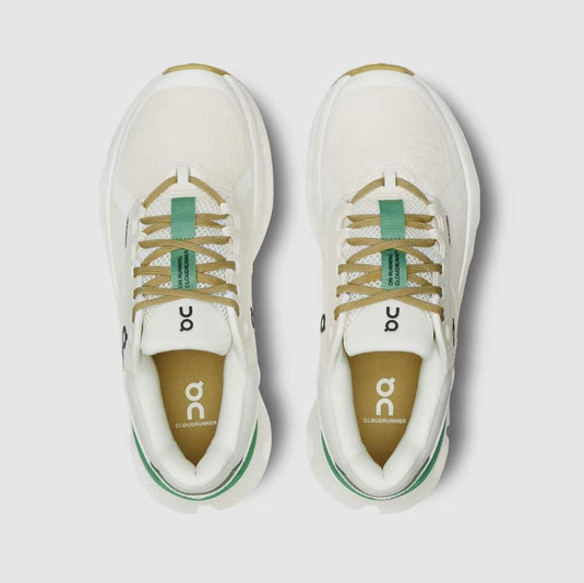 On Women's Cloudrunner 2 in White / Green On Women's Cloudrunner 2 in White / Green On
