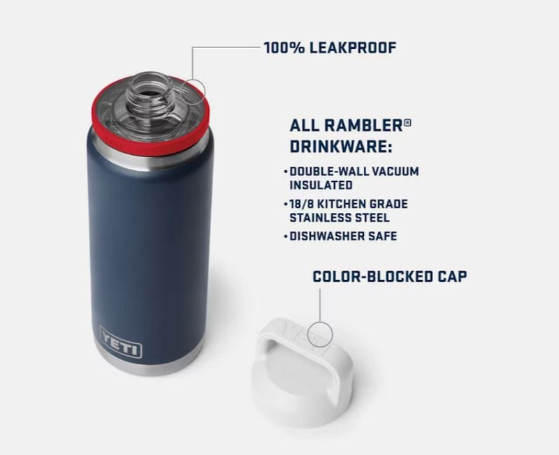 Load image into Gallery viewer, White / Navy / Rescue Red Yeti Rambler 26 Oz Bottle Chug in White / Navy / Rescue Red Yeti Rambler 26 Oz Bottle Chug in White / Navy / Rescue Red Yeti Coolers
