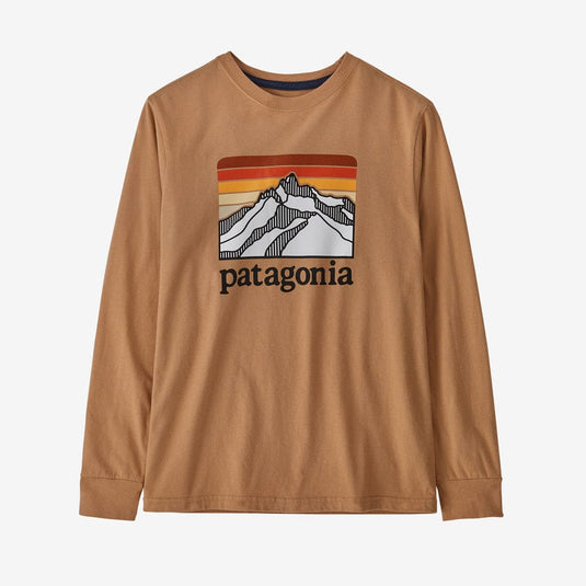 Line Logo Ridge: Dark Camel / Youth SM Patagonia Long-Sleeved Regenerative Organic Certified Cotton Graphic T-Shirt - Kid's PATAGONIA INC